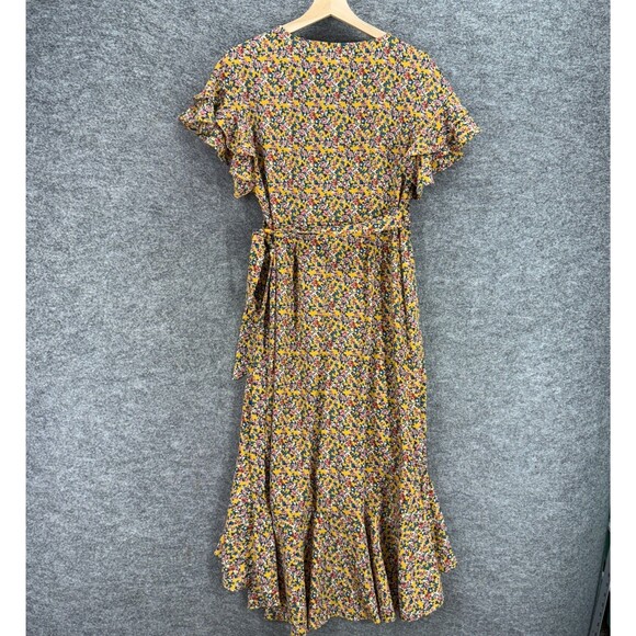 Max Studio Wrap Dress Women S Small Yellow Floral Midi Tasseled Belted V-Neck - Picture 2 of 7
